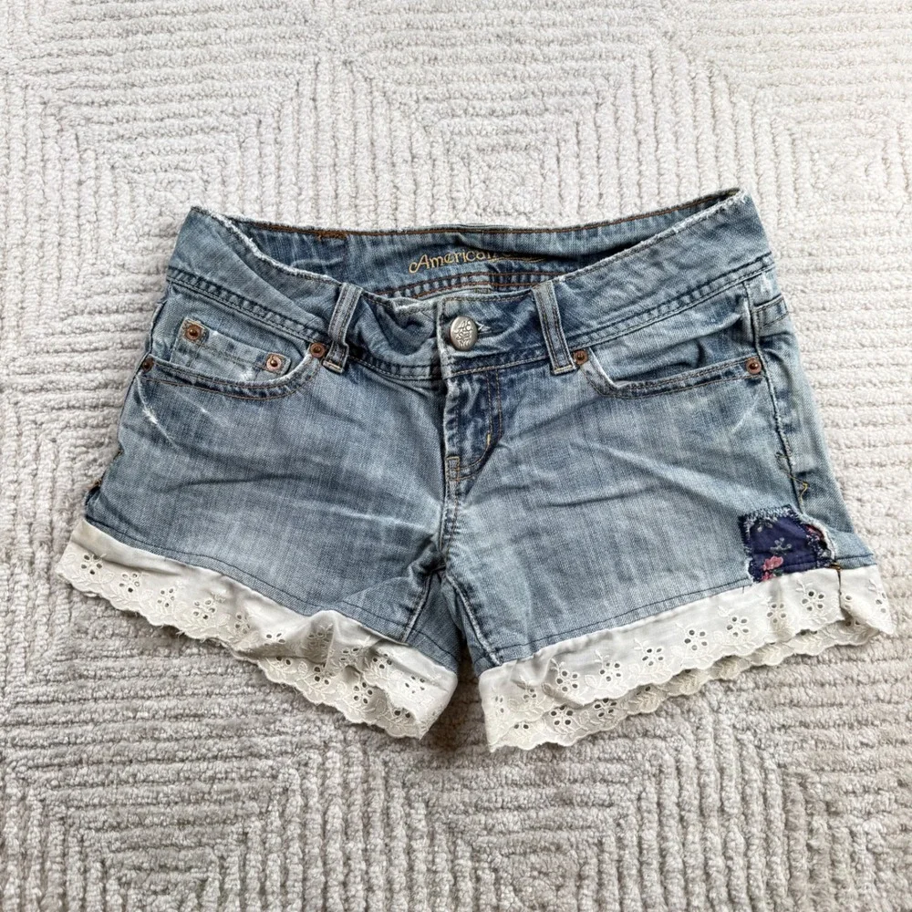 American Eagle Denim Shorts Womens 2 Long Boho Lace Distressed Festival VTG Y2K